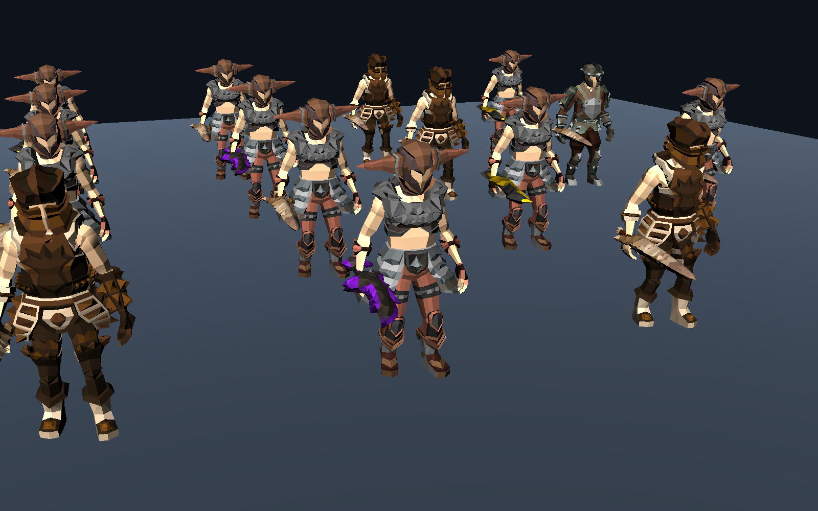 A real test unit with different modular armor and swords assigned to individual members