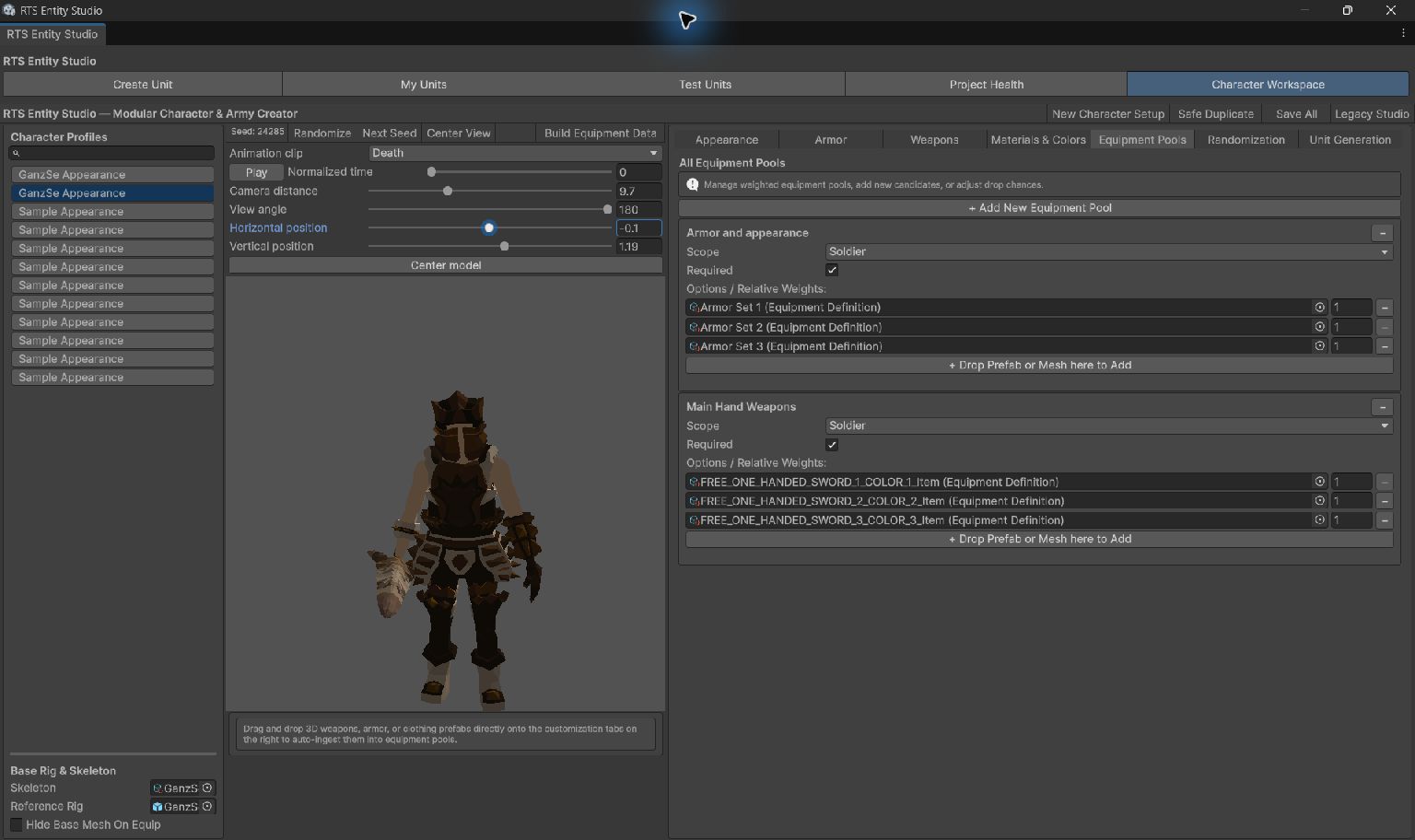 Weighted armor and weapon pools next to the equipped character preview