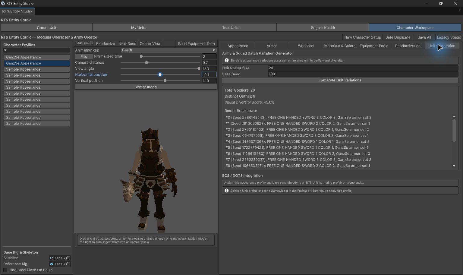 The unified RTS Entity Studio window showing a real equipped character and a varied unit preview