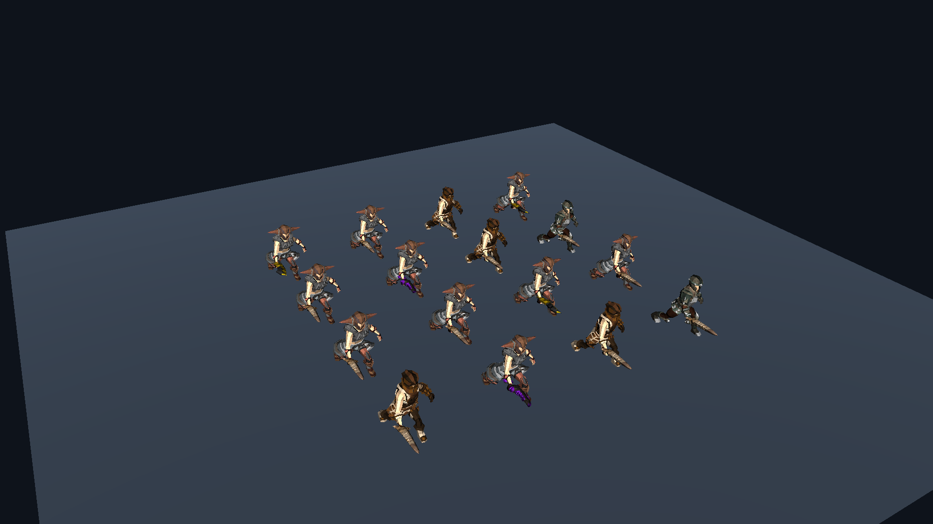 A 16-member equipped test unit playing its attack animation in Unity